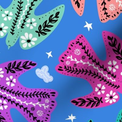 Birds, peace and flowers- scandi folk art cute flying in the blue sky colorful birds, decorated with botanicals and florals