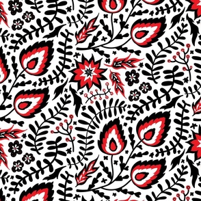 Floral folk art style hand drawn design in black white and red colors
