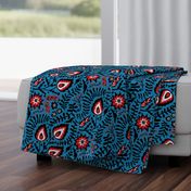 Floral folk art style hand drawn modern rustic design in black white and red ash blue colors over vintage dusty blue linen texture