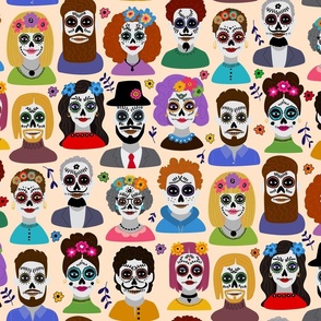 Dia de los Muertos, Day of the Dead, men and women portraits avatars - on beige