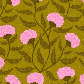 Marigold climbing  wildflowers in mustard and pink, hand drawn floral design