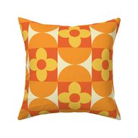 Mid Century Retro Yellow Flowers with Orange Half Circles on squares 