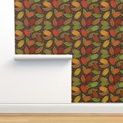 Cacao plant fruits in earthy brown beige sage color palette over organic natural vintage linen background, hand drawn design