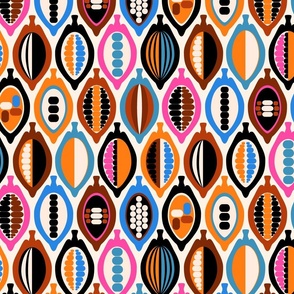 Cacao Pods in blue, cream, pink, orange, black color palette- funky geometric modern retro revival design with coca fruits and beans
