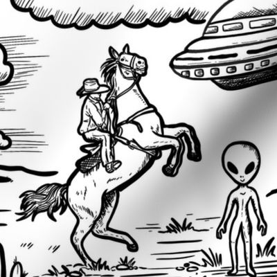 Western alien abduction Toile De Jouy Pattern , funny western ufo WB24 large scale black and white