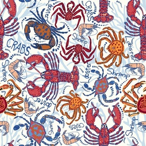 Crabs among the Lobster and Shrimp on blue and white