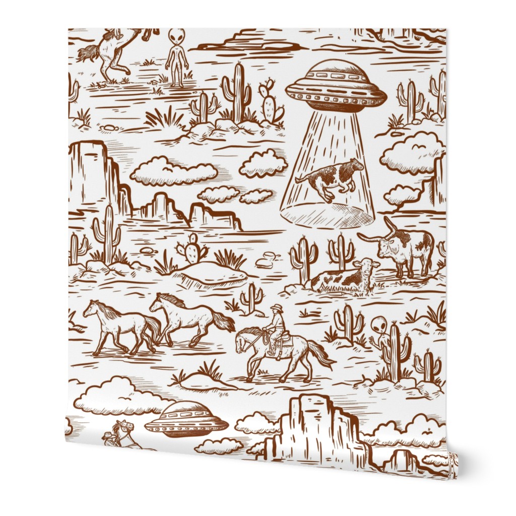 Western alien abduction Toile De Jouy Pattern , funny western ufo WB24 large scale rust and white