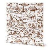 Western alien abduction Toile De Jouy Pattern , funny western ufo WB24 large scale rust and white