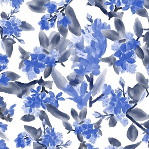 Hawthorne Haze Painterly Abstract Florals in Cerulean Blue and Grey on white