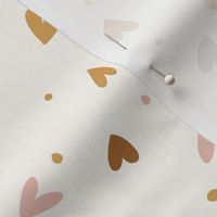 freehand tossed hearts and dots on cream - non directional little hearts in rust, mustard, pink and grey in medium scale