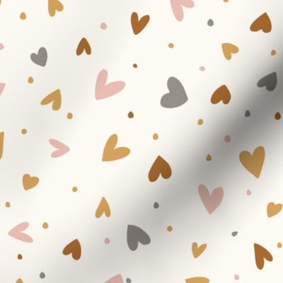 freehand tossed hearts and dots on cream - non directional little hearts in rust, mustard, pink and grey in medium scale