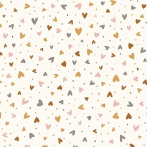 freehand tossed hearts and dots on cream - non directional little hearts in rust, mustard, pink and grey in medium scale