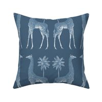 Vintage Giraffes and Palm Tree Illustration  in teal blue