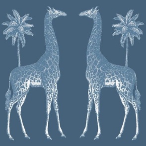 Vintage Giraffes and Palm Tree Illustration  in teal blue