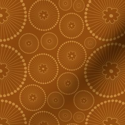 Sea floral circle ornament in yellow on copper brown background