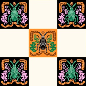 INTRICATE BEETLES IN CHECKERS | 24" | Cool and quirky intricate beetles in a block print inspired home decor pattern | Orange with black on off-white - a timeless elegance and boldness