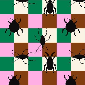 BEETLES SILHOUETTES ON RETRP CHECKS | 24" | Cool and funky, retro checkerboard with beetles silhouettes on it | Pink, green and brown with off-white