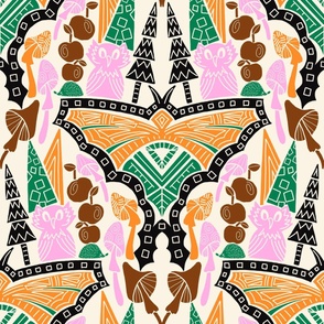 MOTH & HEDGEHOGS SYMMETRY | 24"" | Step into a whimsical woodland world! This vibrant pattern showcases playful owls, hedgehogs, and a mystical Luna moth in a dreamy forest scene