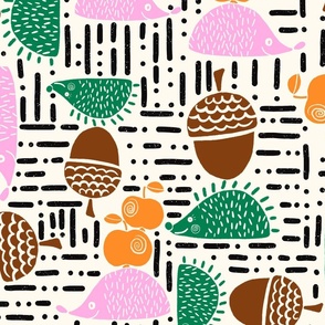 HEDGEHOGS with ACORNS and APPLES | 24"" | Boldly coloured boys rooms decor pattern, a perfect woodland dream | with pinks, browns and greens for trendy boys
