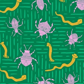CHEEKY WORMS & INTRICATE BEETLES | 24"" | Fund and quirky pattern on bottle green background - worms with sunglasses and hats with intricate and pretty beetles on a morning stroll | pink and yellow on bottle green background
