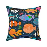 Deep Seas- colorful swimming fishes corals and shells design over dark navy blue texture, featuring clownfish, goldfish, neon tetra, angelfish, blue tang, zebra fish, puffer fish, butterflyfish, moorish idol, clown trigger fish, yellow tang zebrasoma