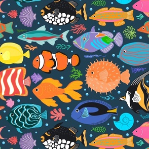 Deep Seas- colorful swimming fishes corals and shells design over dark navy blue texture, featuring clownfish, goldfish, neon tetra, angelfish, blue tang, zebra fish, puffer fish, butterflyfish, moorish idol, clown trigger fish, yellow tang zebrasoma
