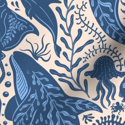 Deep Ocean Cruising- hand drawn under the sea nautical marine life coastal modern Damask design with ocean creatures whales, orcas, seashells, jellyfish, sharks, octopus, dolphins, stingrays, fishes, corals, seaweed- in delicate vintage blue and cream col