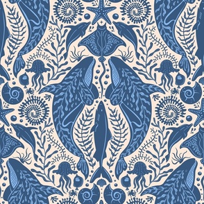 Deep Ocean Cruising- hand drawn under the sea nautical marine life coastal modern Damask design with ocean creatures whales, orcas, seashells, jellyfish, sharks, octopus, dolphins, stingrays, fishes, corals, seaweed- in delicate vintage blue and cream col