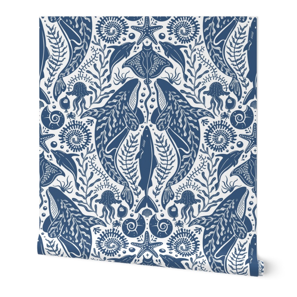 Deep Ocean Cruising- hand drawn under the sea nautical marine life coastal modern Damask design with ocean creatures whales, orcas, seashells, jellyfish, sharks, octopus, dolphins, stingrays, fishes, corals, seaweed- in navy blue and white colors