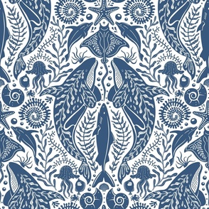 Deep Ocean Cruising- hand drawn under the sea nautical marine life coastal modern Damask design with ocean creatures whales, orcas, seashells, jellyfish, sharks, octopus, dolphins, stingrays, fishes, corals, seaweed- in navy blue and white colors
