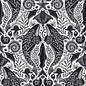 Deep Ocean Cruising- hand drawn under the sea nautical marine life coastal modern Damask design with ocean creatures whales, orcas, seashells, jellyfish, sharks, octopus, dolphins, stingrays, fishes, corals, seaweed- in black and white colors