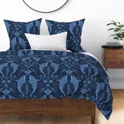 Deep Ocean Cruising- hand drawn under the sea nautical marine life coastal modern Damask design with ocean creatures whales, orcas, seashells, jellyfish, sharks, octopus, dolphins, stingrays, fishes, corals, seaweed- in blue and  dark navy indigo colors