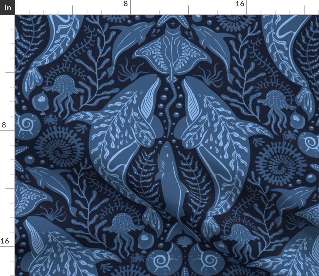 Deep Ocean Cruising- hand drawn under the sea nautical marine life coastal modern Damask design with ocean creatures whales, orcas, seashells, jellyfish, sharks, octopus, dolphins, stingrays, fishes, corals, seaweed- in blue and  dark navy indigo colors