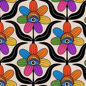 Watchers- retro flower blooms with rainbow colored petals and eyes on vintage beige linen texture