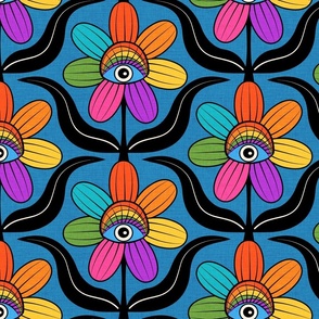 Watchers- retro flower blooms with rainbow colored petals and eyes on vintage dusty blue linen texture