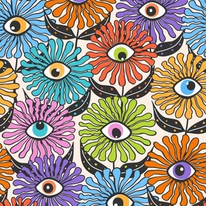 funky flowereyes in vintage colors- fun cool modern retro revival design with funny groovy psychedelic all seeing quirky whimsical cute rainbow eye abstract blooms over cream peach pastel background