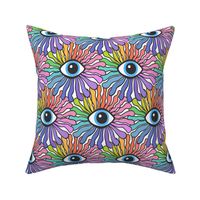 funky flowereyes- fun cool modern retro revival design with funny groovy psychedelic all seeing quirky whimsical cute rainbow eye blooms over white background