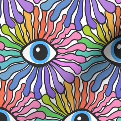 funky flowereyes- fun cool modern retro revival design with funny groovy psychedelic all seeing quirky whimsical cute rainbow eye blooms over white background
