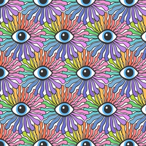 funky flowereyes- fun cool modern retro revival design with funny groovy psychedelic all seeing quirky whimsical cute rainbow eye blooms over white background