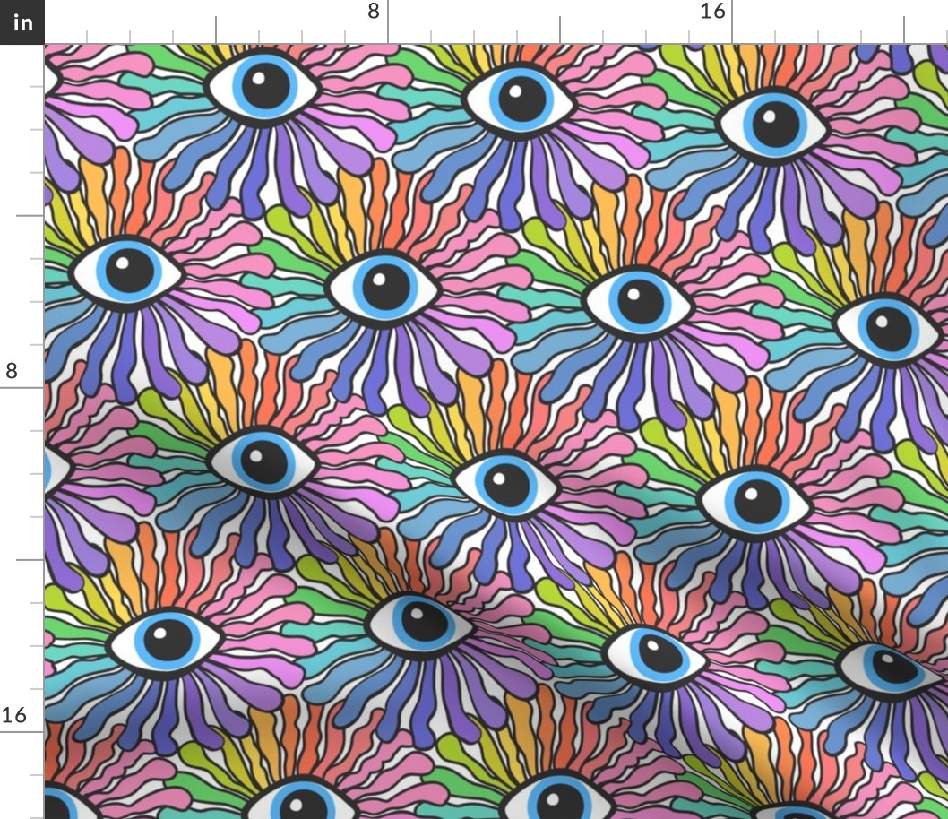 funky flowereyes- fun cool modern retro revival design with funny groovy psychedelic all seeing quirky whimsical cute rainbow eye blooms over white background