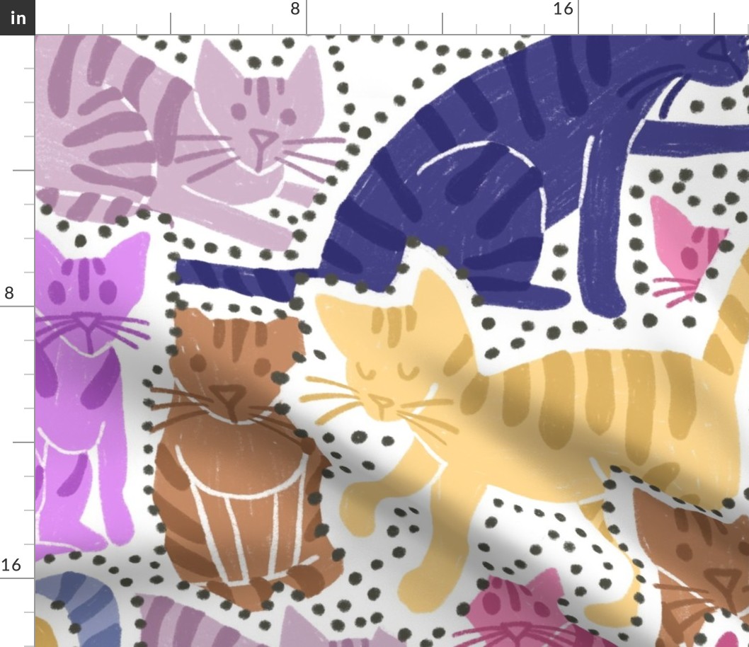 Adorable Cat Illustration Crowded Pattern in Bright Colors with Dark Blue – Big scale