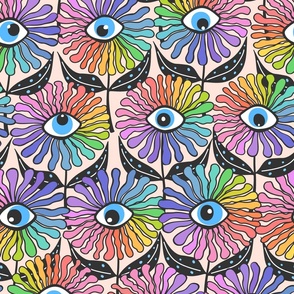 funky flowereyes- fun cool modern retro revival design with funny groovy psychedelic all seeing quirky whimsical cute rainbow eye blooms over cream peach pastel background
