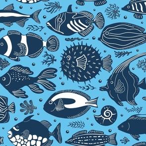 Tropical Fishes - in sky and navy blue- underwater world sea ocean aquatic design featuring cute  swimming fishes angelfish, clownfish, yellow tang, blue tang, picasso triggerfish, goldfish, puffer fish, moorish idol, surgeon fish,  butterfly fish etc