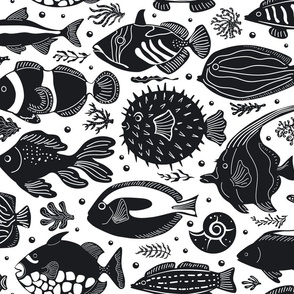 Tropical Fishes - in black and white- underwater world sea ocean aquatic design featuring cute  swimming fishes like angelfish, clownfish, yellow tang, blue tang, picasso triggerfish, goldfish, puffer fish, moorish idol, surgeon fish,  butterfly fish, c