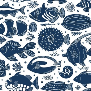 Tropical Fishes - in indigo blue and white- underwater world sea ocean aquatic design featuring cute  swimming fishes like angelfish, clownfish, yellow tang, blue tang, picasso triggerfish, goldfish, puffer fish, moorish idol, surgeon fish,  butterfly fis