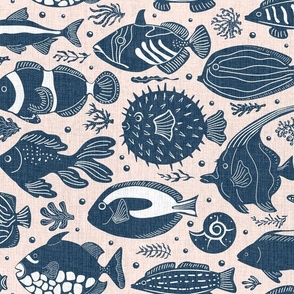 Tropical Fishes - linen textured- underwater world sea ocean aquatic design featuring cute  swimming fishes like angelfish, clownfish, yellow tang, blue tang, picasso triggerfish, goldfish, puffer fish, moorish idol, surgeon fish,  butterfly fis