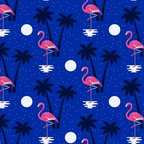Flamingos and moon night- coastal sea beach design with pink flamingos birds palms, moonlight and starry night sky tropical design