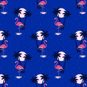 Flamingo night - pink flamingos, palms, moonlight and starry midnight blue sky