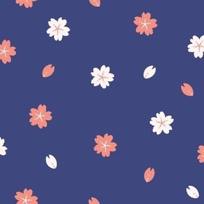 Cute Kawaii Hand-Drawn Cherry Blossoms Sakura Navy Blue