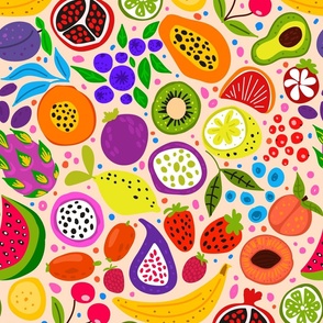 Vitamins are best friends- colorful joyful fruits design with watermelon, lime, papaya, blueberry, lemons, grapefruits, pomegranates, pitayas, cranberry, etc- on peachy background